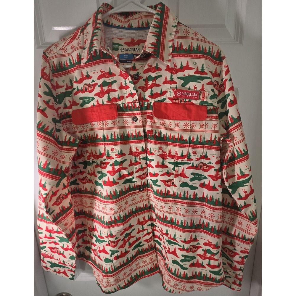Magellan Outdoors Fish Gear Men M Christmas Fishing Shirt Holiday Long Sleeve